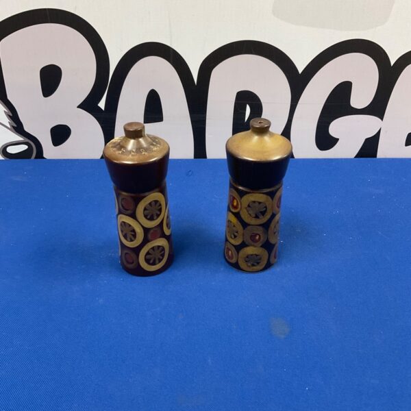 Vintage Denby Arabesque salt and pepper pots with geometric pattern.