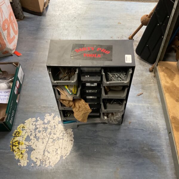 Dirty Pro Tools multi-drawer parts organiser for workshop storage.