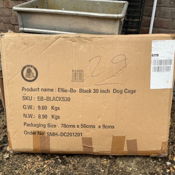Boxed black 30 inch dog cage, model EB-BLACK30.
