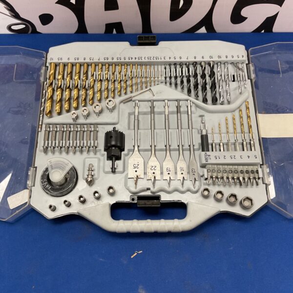 Grey plastic case containing a comprehensive drill and screwdriver bit set.