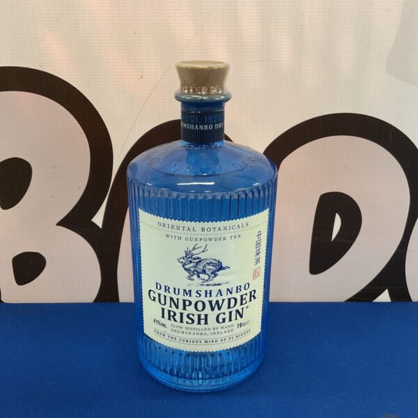 Sealed bottle of Drumshambo Gunpowder Irish Gin with oriental botanicals.
