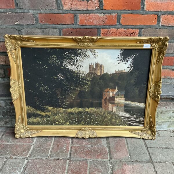 Vintage oil painting of Durham Cathedral by John J Kerr in ornate frame.