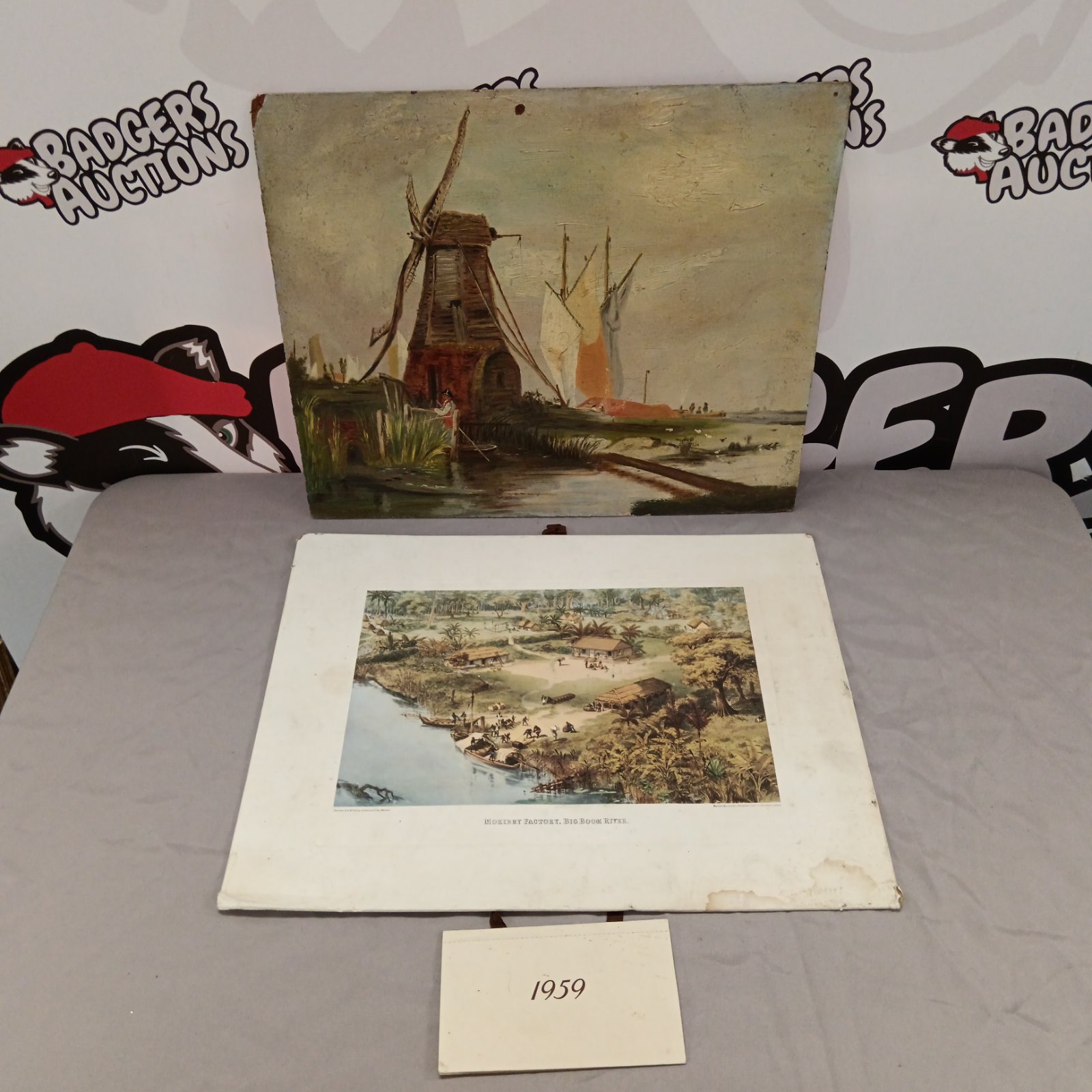Vintage Dutch windmill oil painting with Dunlop factory print.