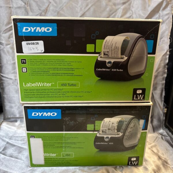Dymo Labelwriter 450 Turbo label printer, side view.