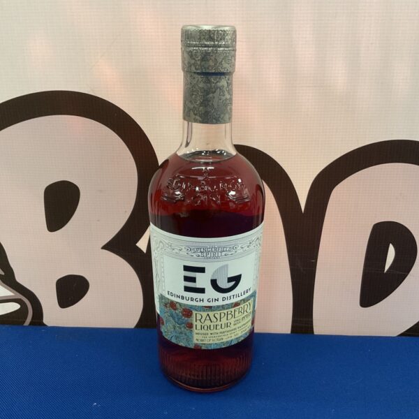 Sealed bottle of Edinburgh Gin Raspberry Liqueur, vibrant pink hue.