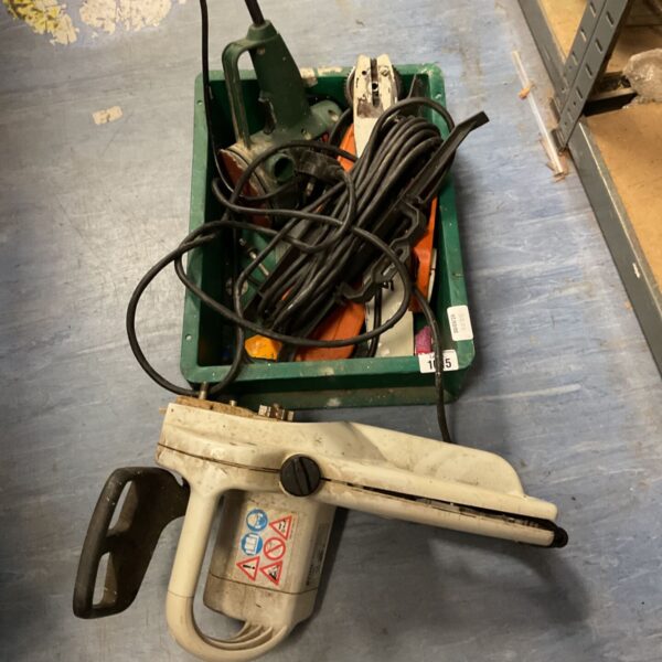 Electric power tools lot including a Stihl chainsaw and disc sander.
