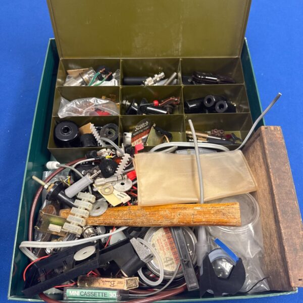 Vintage electronics component lot with audio jacks and wires.