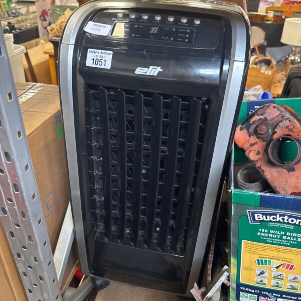 Front view of a vintage Elit floor standing air cooler.