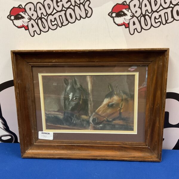 20th century equine painting of horse and foal in stable.