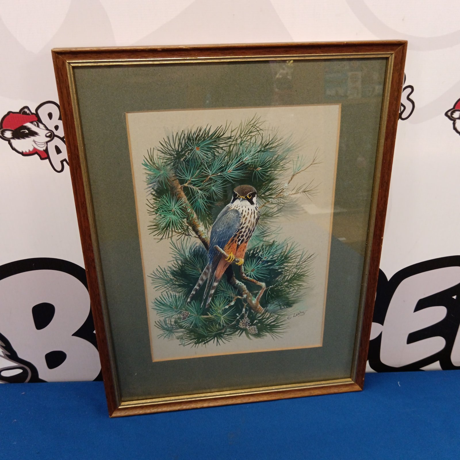 Ernest Leahy watercolour painting of a hobby bird perched on a branch.