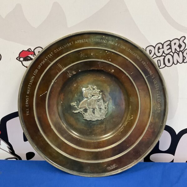Vintage Ernst Mattsson copper charger plate with ship design.