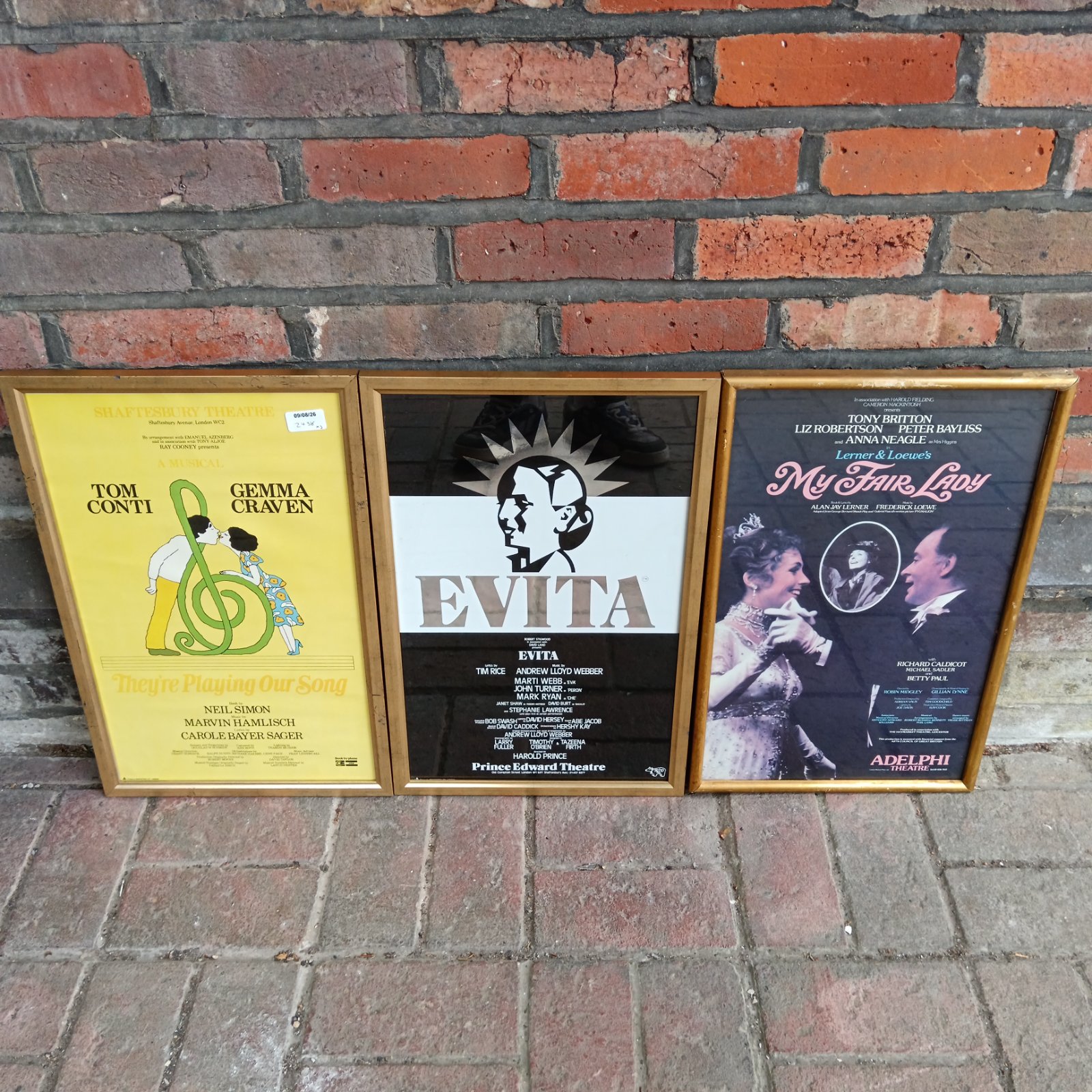 Vintage London theatre posters for Evita, My Fair Lady and They're Playing Our Song.