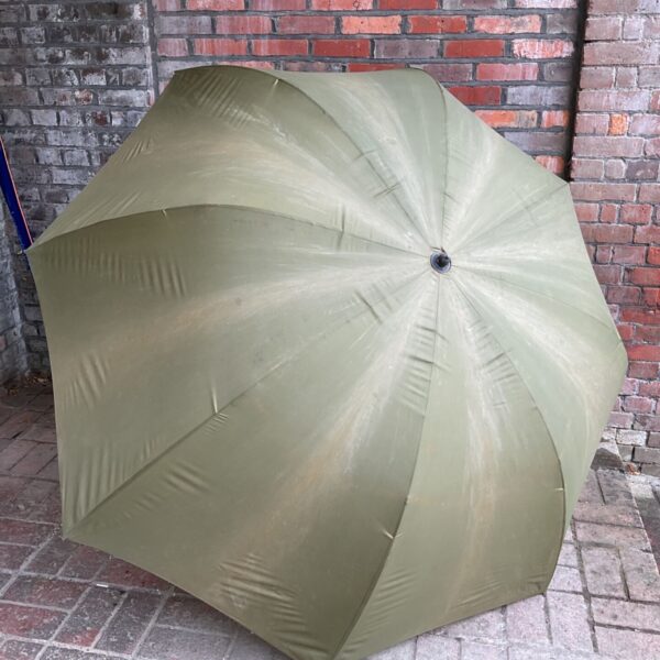 Green fishing brolly, angling umbrella for outdoor shelter.