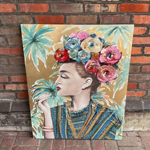 Large floral portrait canvas with 3D flowers, contemporary wall art.