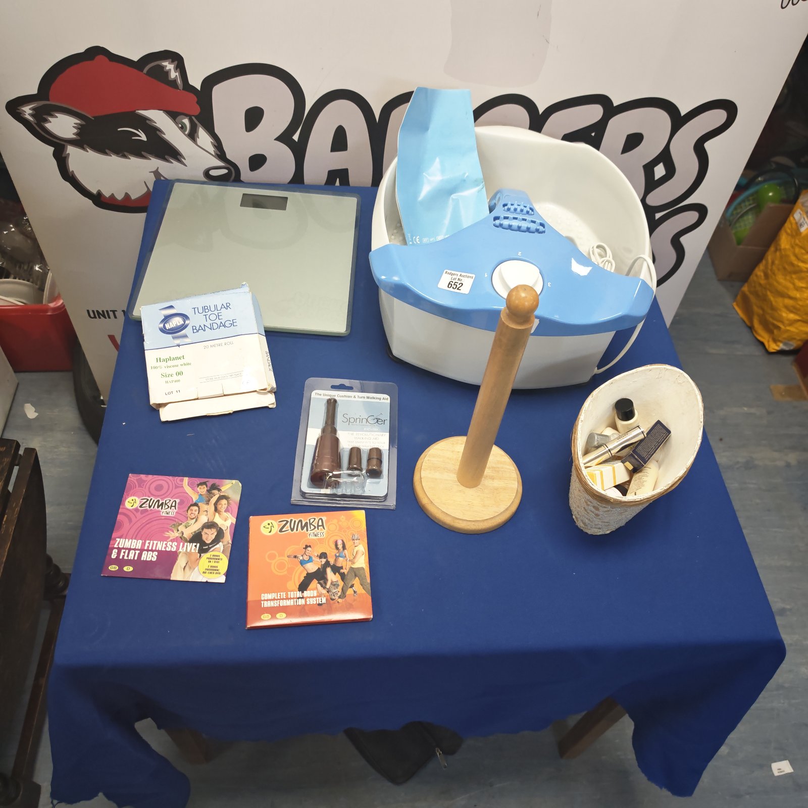 Foot spa massager with bathroom scales and Zumba DVDs in a lot.