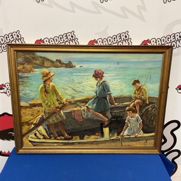Vintage Forbes oil painting of children in a rowboat on the water.