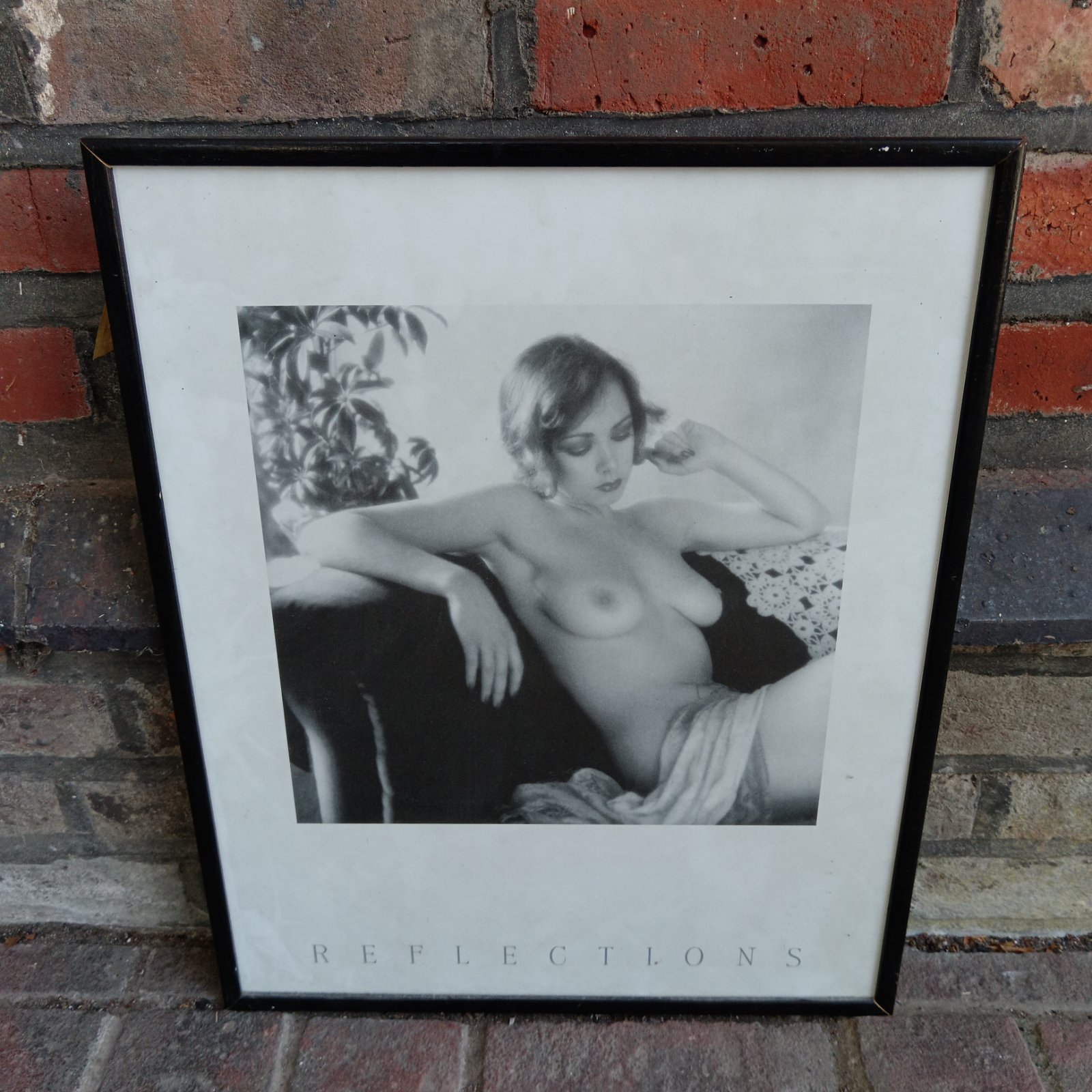 Framed nude art print titled "Reflections", vintage boudoir photography.