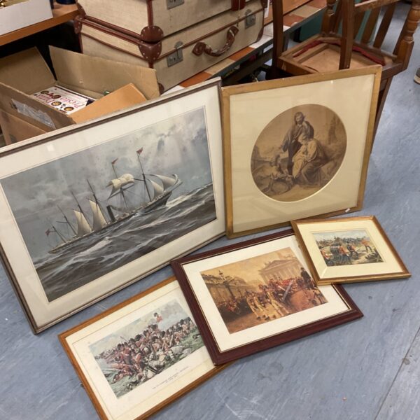 Collection of framed antique prints including Napoleonic and nautical scenes.