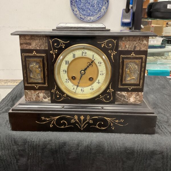 Antique French slate mantle clock by A D Mougin, detailed marble and brass.
