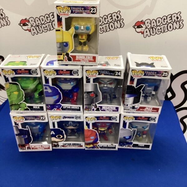 Funko Pop figures bundle including Marvel and Transformers characters.