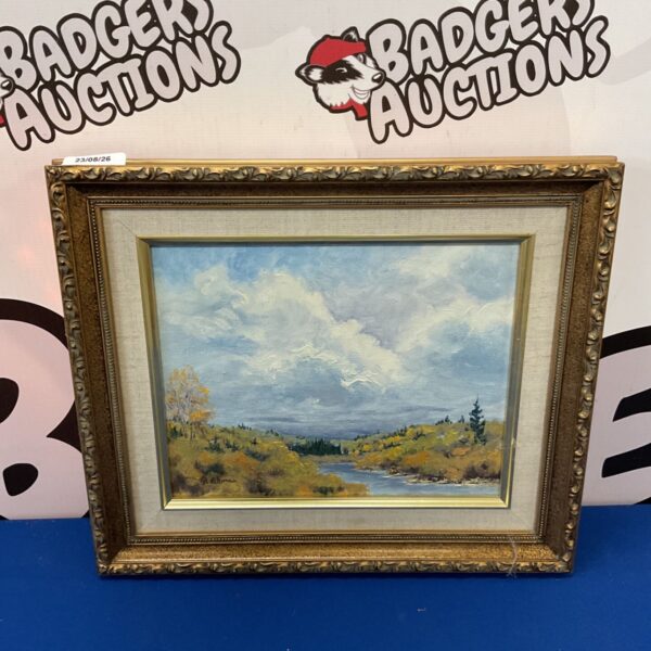 Vintage oil painting of a river valley scene signed G Ehman.