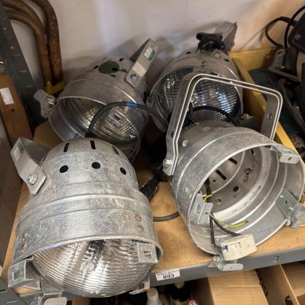 Set of four vintage galvanised spot lamps for stage or industrial use.