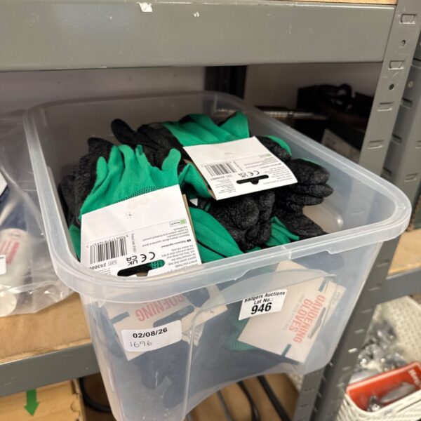Box of new gardening gloves for outdoor work and garden maintenance.