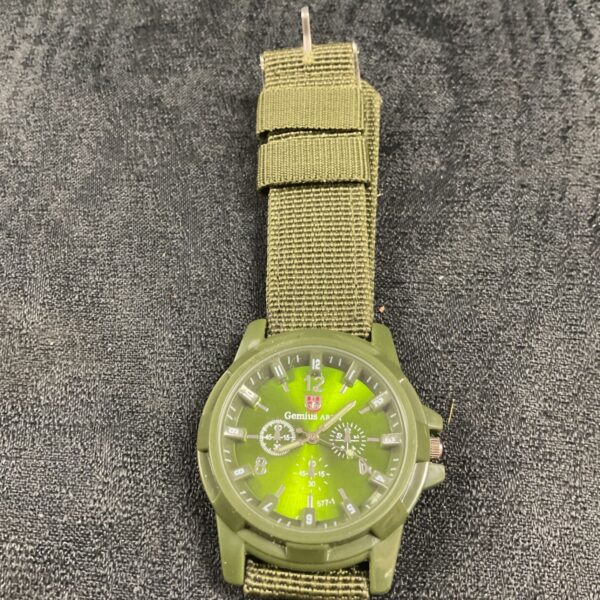 Green Gemius army watch with canvas strap displayed.