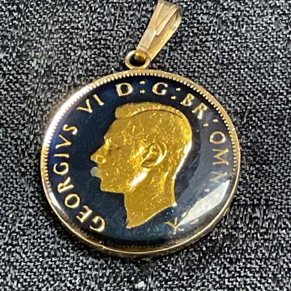 Gold and blue George VI two shilling coin pendant, vintage jewellery.