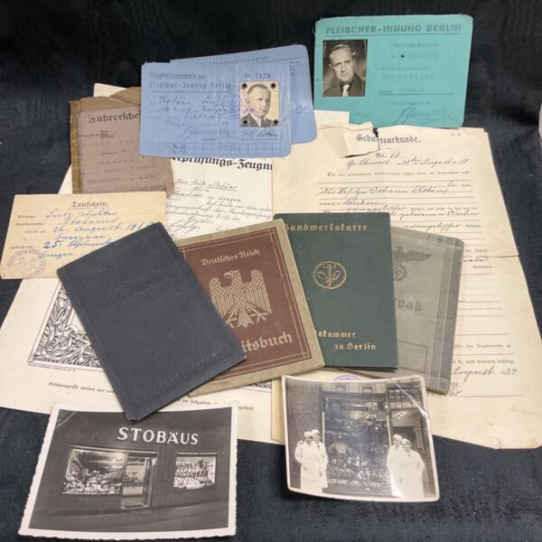 German butcher ephemera lot, WW1 and WW2 historical documents.