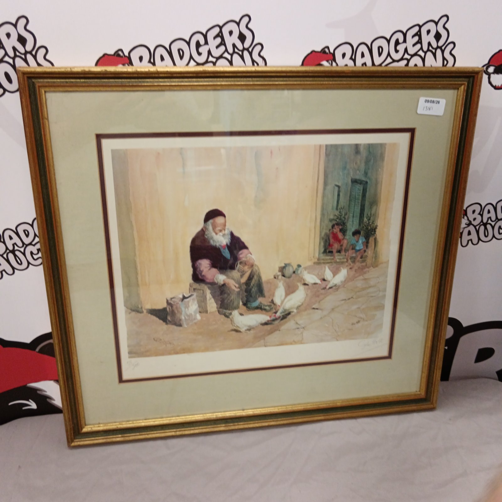 Gila Holt limited edition print of a man feeding chickens.