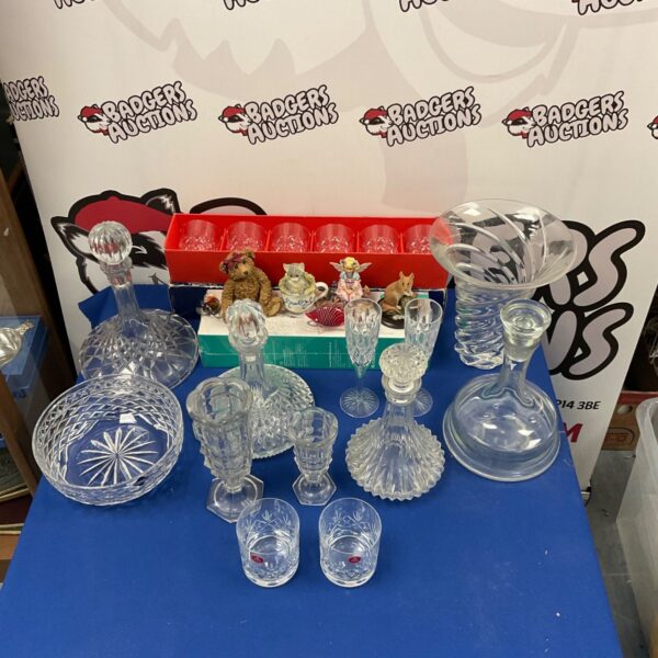 Vintage glassware collection featuring Royal Albert tumblers and decorative pieces.