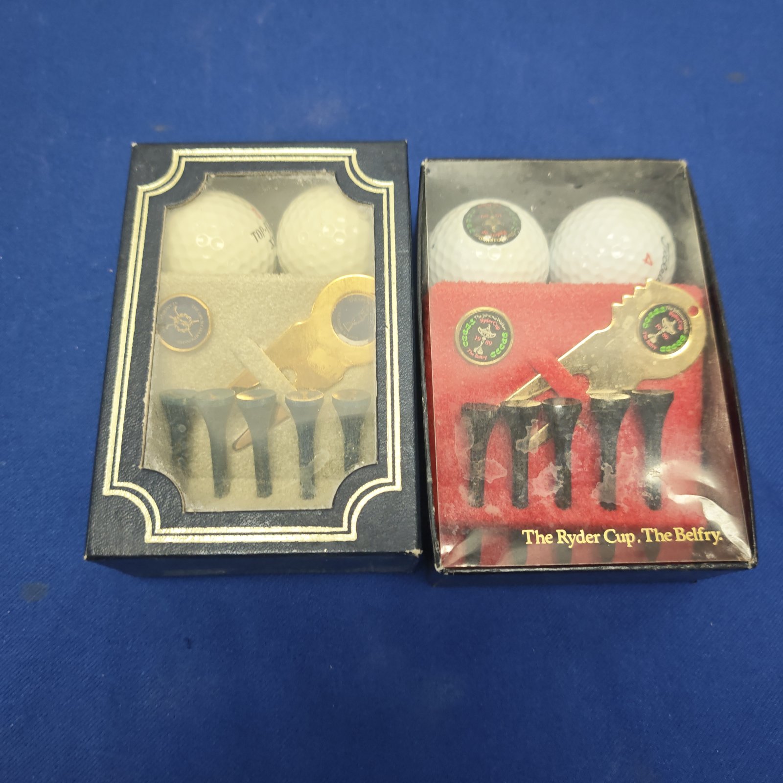 Vintage golf ball gift set in decorative box.