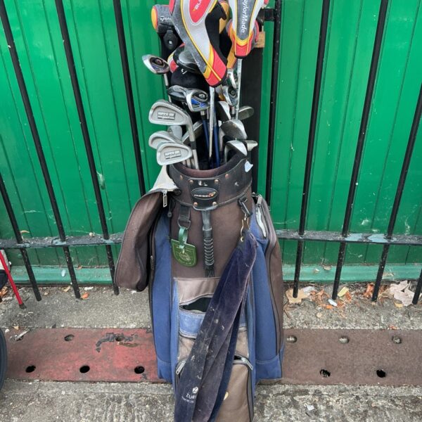 Progen golf bag with TaylorMade and King Cobra golf clubs.