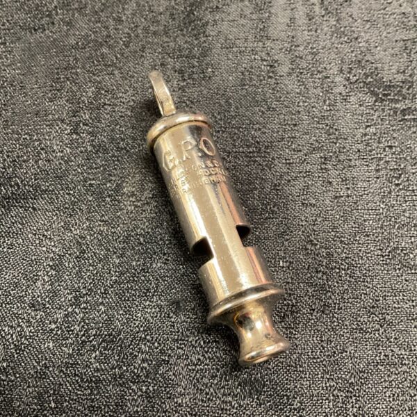 Vintage brass GPO whistle by Hudson & Co, British postal history.