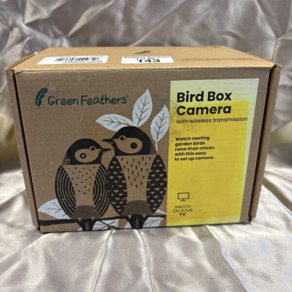 Green Feathers bird box camera model 143 for wildlife observation.