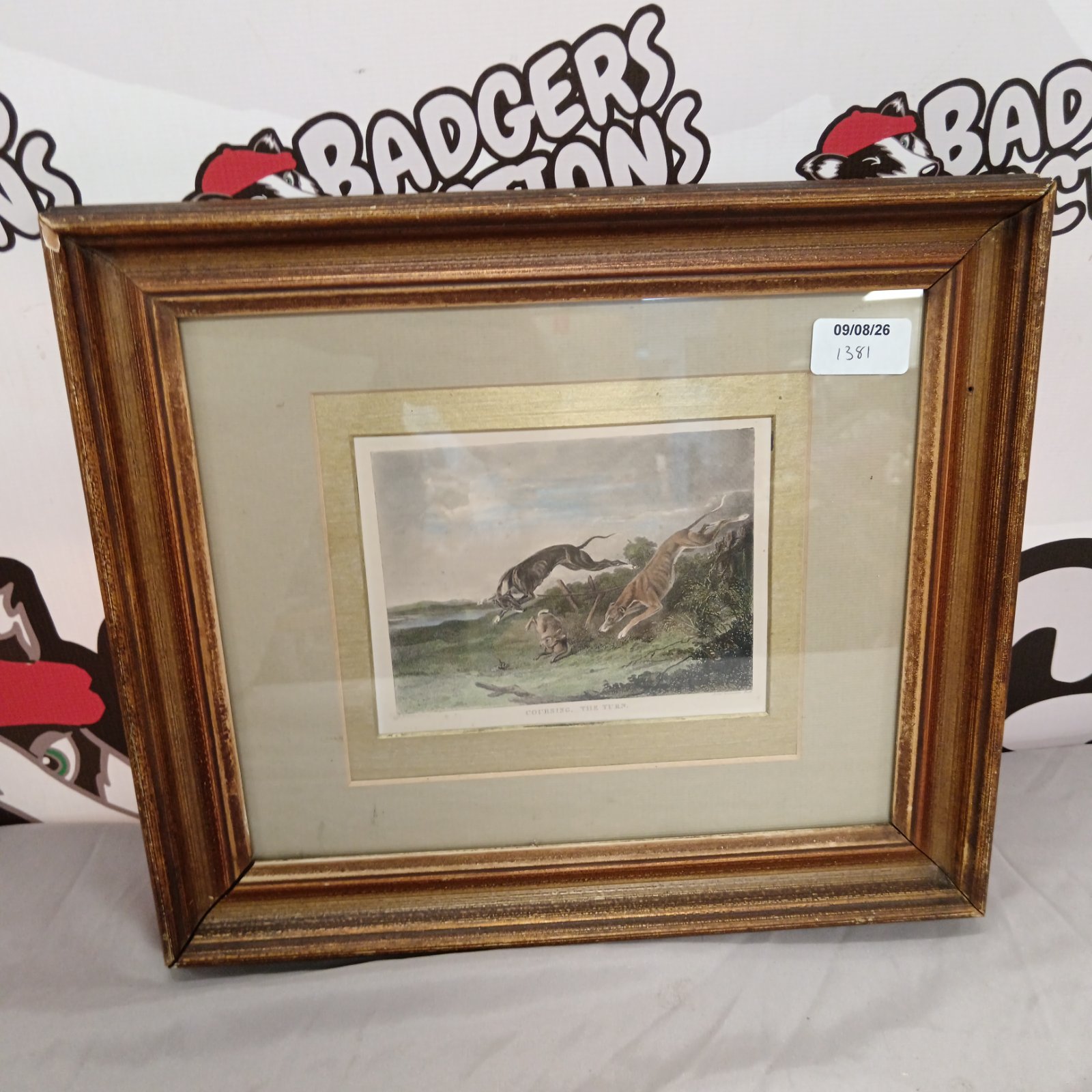 Antique 19th-century hand-coloured engraving of greyhound coursing titled "The Turn".