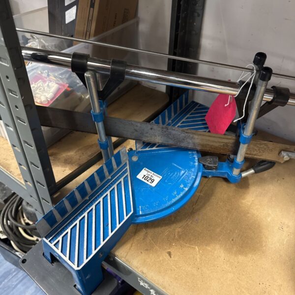 Vintage GS manual mitre saw for woodworking with adjustable angle.