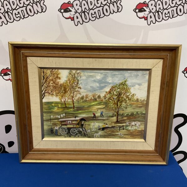 Vintage oil painting of a colourful gypsy caravan with figures and a horse.
