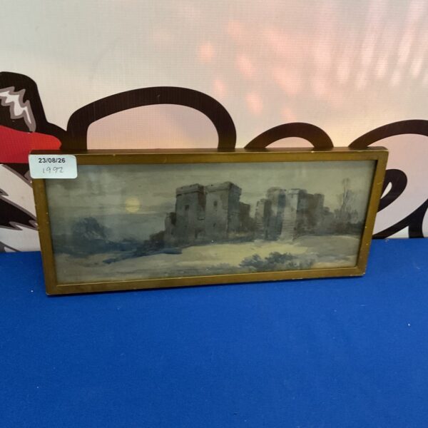 Framed H Whatley watercolour painting of a castle at night.
