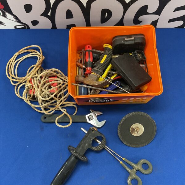Assorted hand tools and hardware in a plastic storage box.
