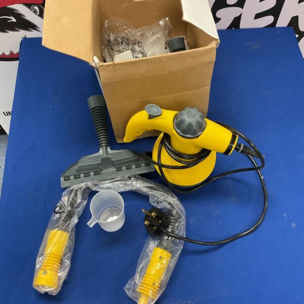 Yellow and black handheld steam cleaner with nozzle and power cord.