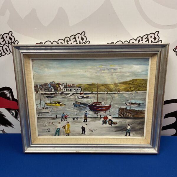 Signed oil painting of a vibrant harbour scene with boats and figures.