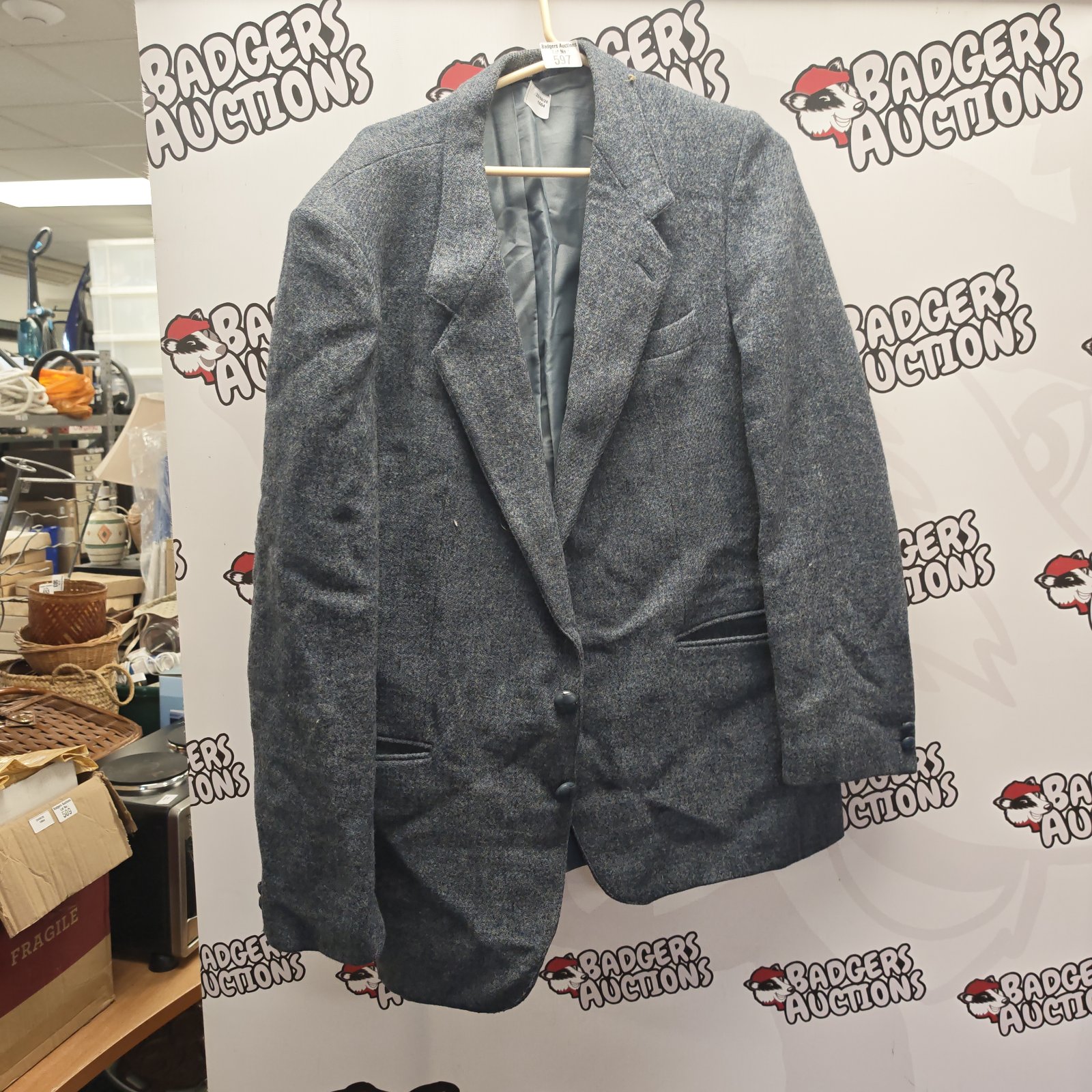 Grey herringbone Harris Tweed jacket, men's size M/L.
