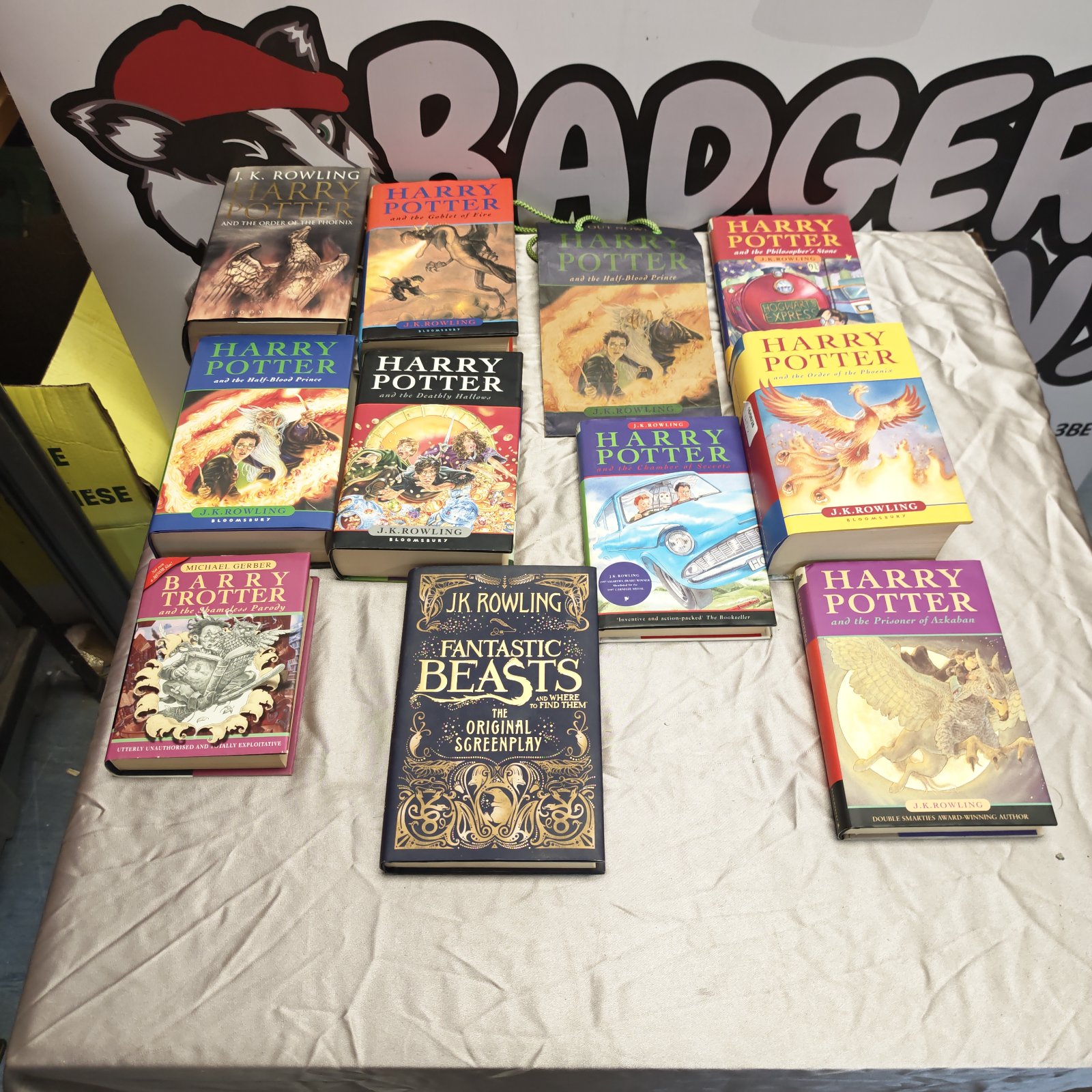 Harry Potter book collection including first editions and Barry Trotter parody.