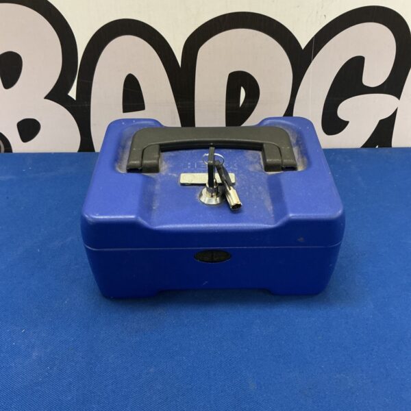 Blue Helix coin box with key and metal lock.
