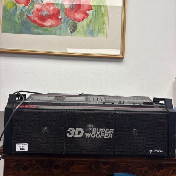 Vintage Hitachi TRK-3D8E 3D Super Woofer boombox with cassette decks.
