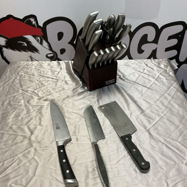 HOBO kitchen knife set in wooden block, vintage cutlery.