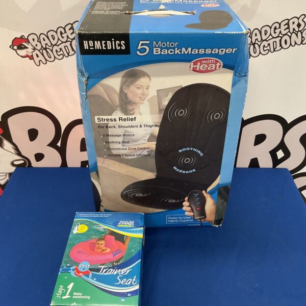 Homedics 5 motor back massager and Zoggs trainer seat in original packaging.