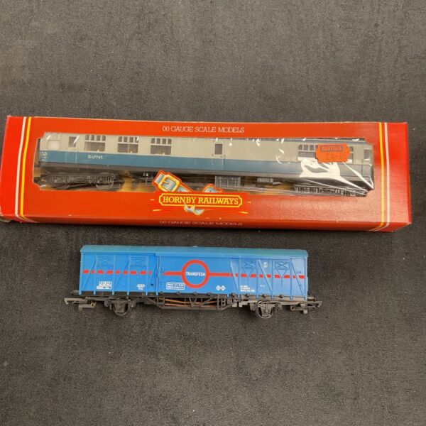 Hornby OO gauge R.427 BR Inter-City Buffet coach and Transfesa wagon.